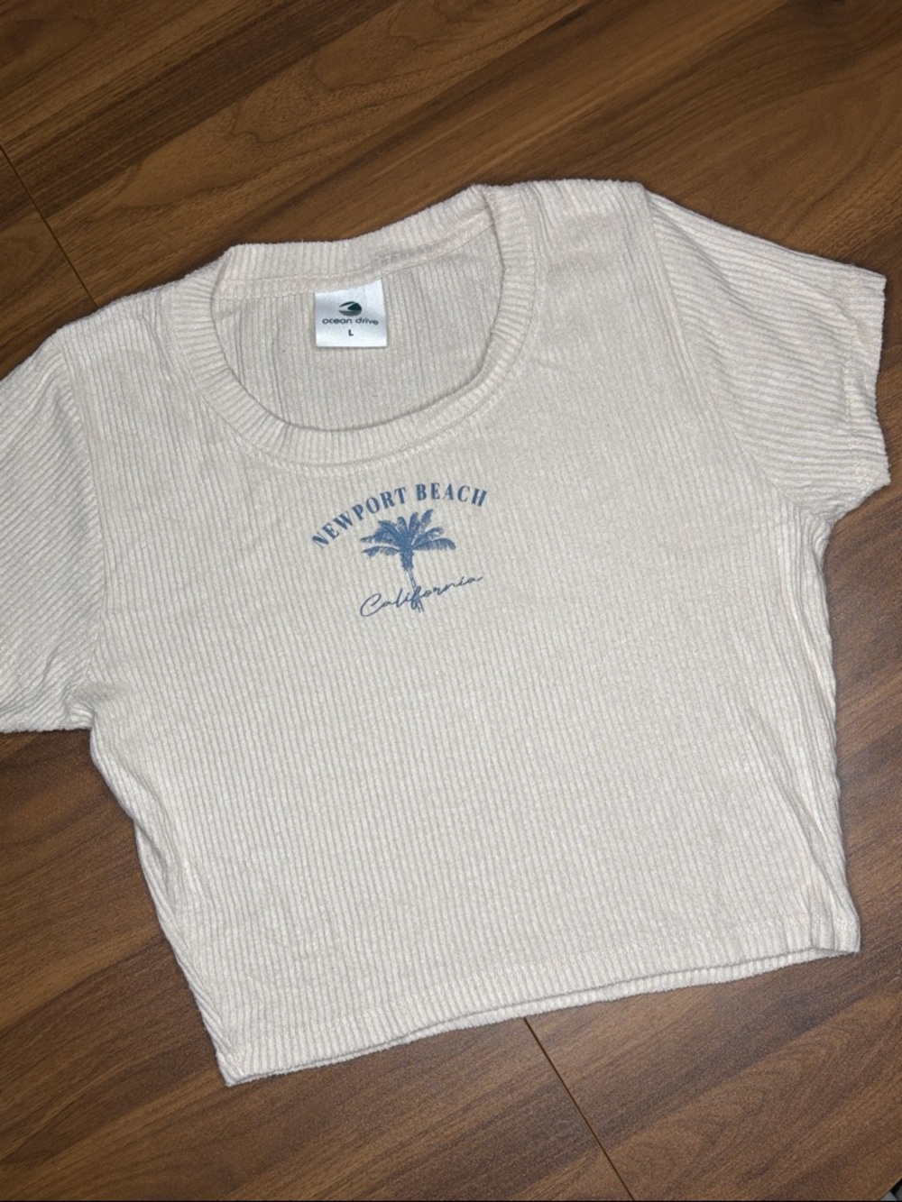 Cream Newport Beach Ribbed Crop Tee - L